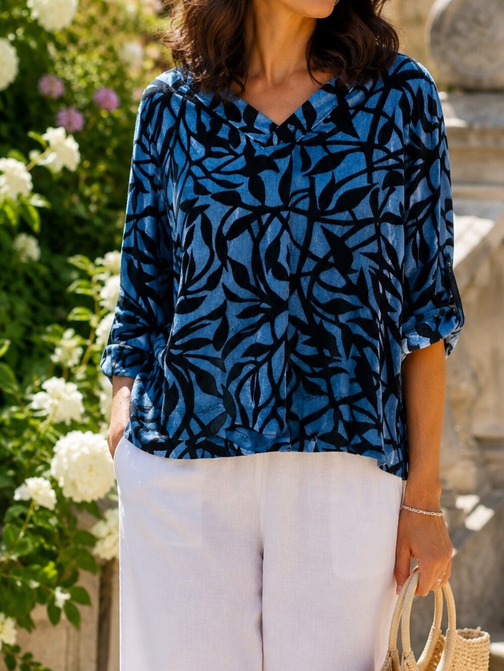 NWT Masai Blue Black Velvet Burnout Floral V-Neck Blouse | Artsy Scandinavian